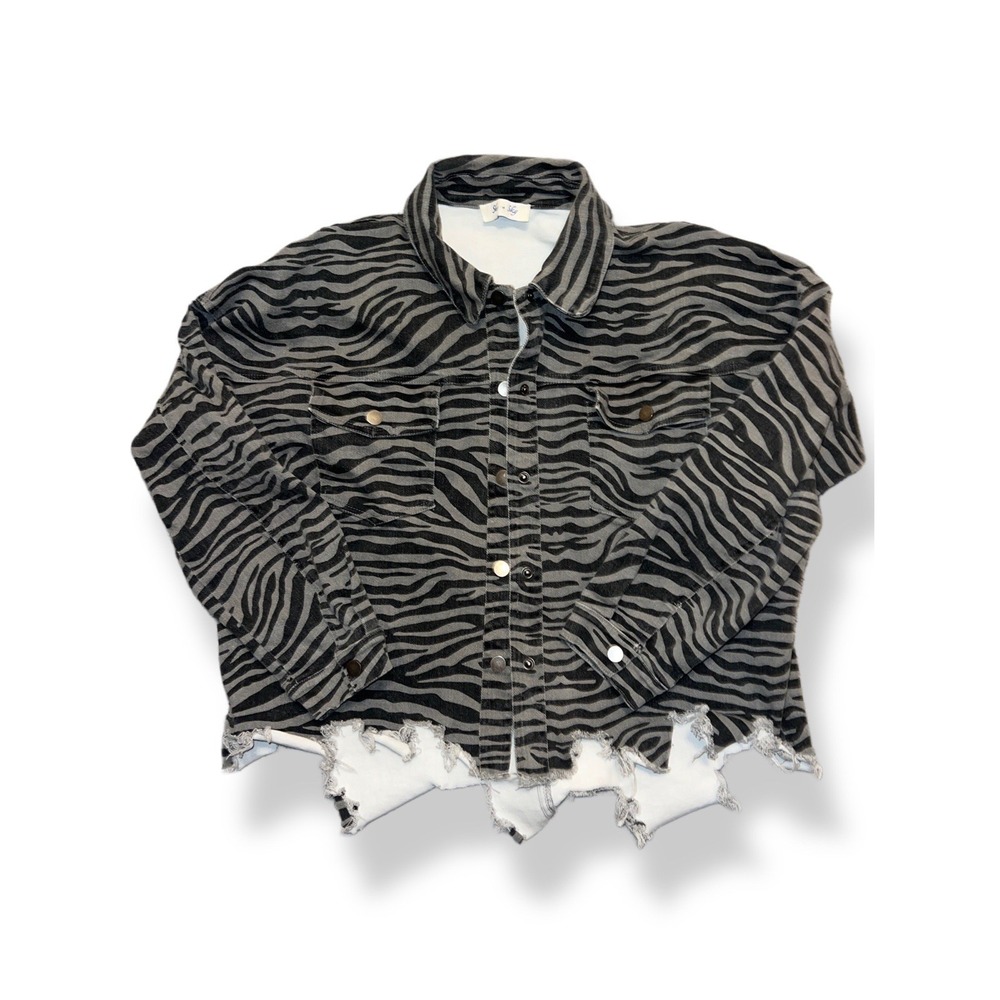 Zebra Print Cropped Denim Jacket She + Sky Raw Frayed Hem | Women's Small/Med